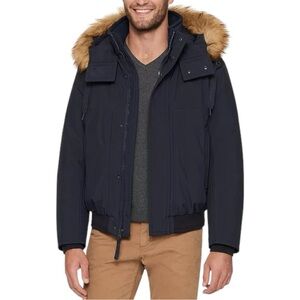 Men's Marc New York Andrew Marc Navy/Tan Faux Fur Hood Bomber Jacket - M